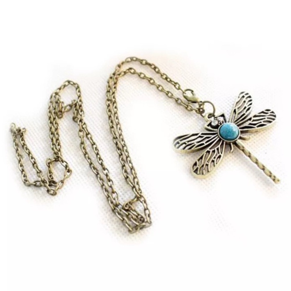 DRAGONFLY Long Chain Bronze Turquoise Sweater Necklace Retro Boho Hippie - Picture 5 of 11